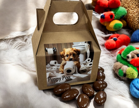 Puppy Poo Box with Almonds on blanket with doggy toys